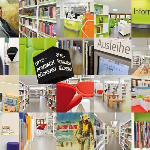 Collage mit Bildern von und über die Bücherei. Zu sehen ist ein Porträt von Otto Rombach, das Spielschiff der Kinderbücherei, diverse Medien, die Rückgabe- und Informationstheke Header_Ueber_Uns.jpg